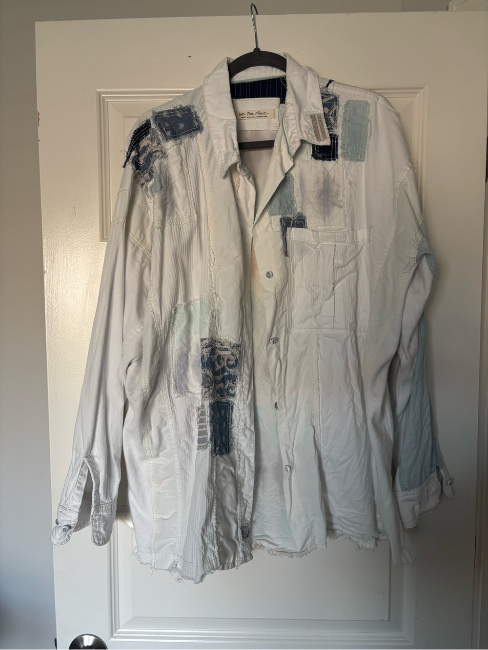 We The Free White Button-Up Shirt with Faded Blue Patchwork